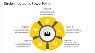 Circle infographic PPT slide with five sections, each containing a yellow icon and captions with placeholder text.