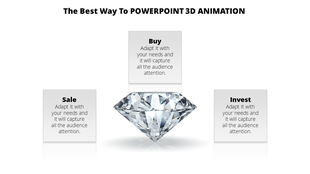 A PowerPoint slide showcasing 3D animation with options to Buy, Sale, and Invest, highlighted by a diamond image.