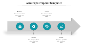 Gray arrow with four teal icons representing business, process, target, and growth, each linked to text placeholders.