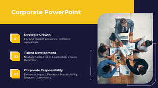 Corporate slide with yellow and navy design, featuring three numbered text blocks, and a top view of a business meeting.