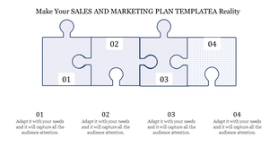 Horizontal puzzle sales and marketing infographic with four connected pieces numbered 01 to 04, paired with text below.