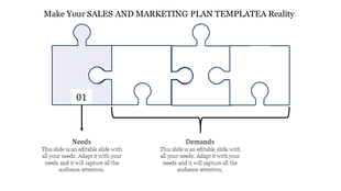 Puzzle graphic for sales and marketing with four interlocking pieces, focusing on sections labeled needs and demands.