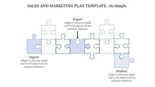 Puzzle diagram for sales and marketing with shaded pieces labeled import, export, and product, with placeholder text.