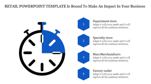 Retail themed slide with a stopwatch icon, blue quarter section, and four numbered blue hexagons listing types of stores.