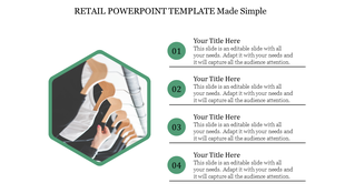 Retail PowerPoint template with sections for titles and descriptions alongside an image of clothing hangers.