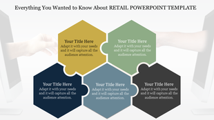 Retail PowerPoint template with four sections for titles and content, featuring a background of hands and computer screens.
