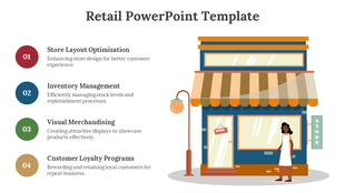 Retail PowerPoint slide with an illustration of a store and key topics with a text description.