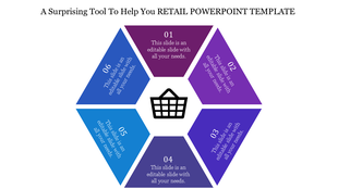 Hexagonal layout with six colorful segments surrounding a central shopping basket icon on a white background.