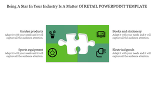 White puzzle piece in the center on a green and teal background with four icons and text describing retail categories.