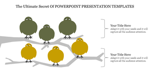 Bird themed infographic template with six birds sitting on branches, arranged in green and yellow groups.