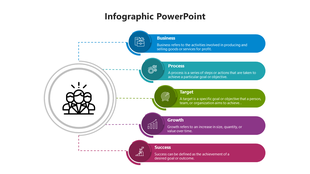 Horizontal diagram with blue, teal, green, purple, and pink sections explaining business concepts, linked to a group icon.