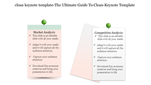 Clean keynote slide featuring two sticky notes on Market Analysis and Competitive Analysis, each containing bullet points.