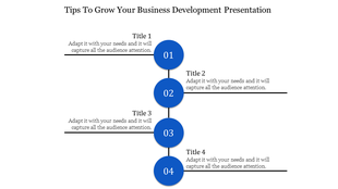 PowerPoint slide for a business development presentation with four steps and space for tailored titles and descriptions.