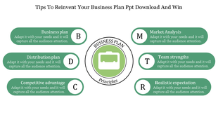 Slide featuring six business principles in green blocks, surrounding a central icon on a white background.