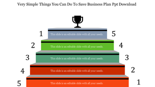 Business slide with a five step staircase design, numbered 1 to 5, leading to a trophy icon at the top on a white background.