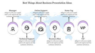 Global business presentation template showing icons for manager, technical and online support, business roles, and VIP.