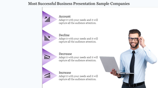 Business infographic with four purple arrows indicating financial trends and a man holding a laptop on the right.