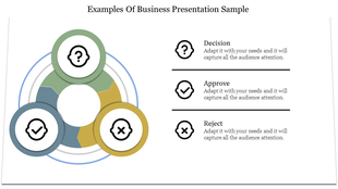 Slide featuring a three-step process diagram with green, blue, and yellow sections, each with caption areas.