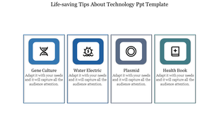 Technology themed slide featuring four icons in blue shaded frames and text descriptions in a horizontal layout.