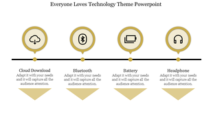 Technology PowerPoint slide with icons for cloud download, Bluetooth, battery, and headphones with placeholder text.