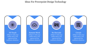 Four blue cards with rounded corners featuring technology related icons and labels arranged in a horizontal row.