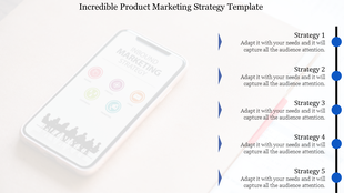 A product marketing strategy template displaying five strategies with associated icons on a phone background.