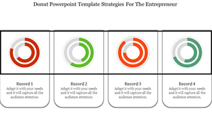 Infographic with four circular donut charts featuring progress levels, alternating in red and green with caption areas.