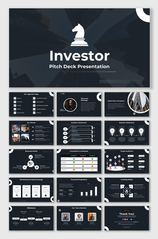 Dark themed investor slide deck showcasing business model, target audience, financial data, and team introduction.