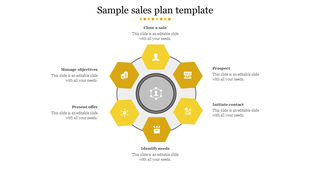 Hexagonal flow diagram with six yellow sections, each representing a step in a sales plan with an icon.