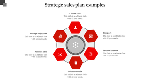 Strategic sales PPT template with a red hexagonal diagram outlining key sales steps with icons and placeholder text.