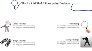 Slide showcasing four categories of findings with relevant gray icons, each section labeled with a unique type of search.