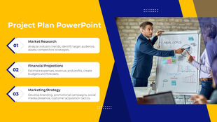 Project plan slide showcases three sections with a man presenting a visual graph on a yellow and blue backdrop.
