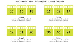 Calendar layout with yellow date blocks arranged in rows, each paired with event descriptions below.