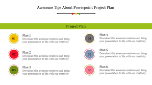 Slide showcasing six color-coded project plans with numbered circles and descriptive text, arranged in two rows.