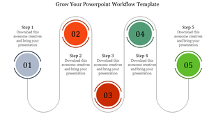 A five step workflow slide with color coded numbered circles, showing a process flow with placeholder text.