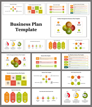 Comprehensive business plan PPT slides showcasing various sections including SWOT analysis, market analysis, and objectives.