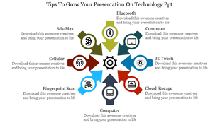 Technology themed slide with icons representing different tech features, such as computers, cloud storage, and 3D touch.