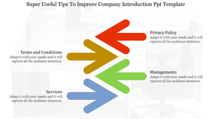 Four right-facing arrows in different colors for company introduction, aligned vertically with placeholder text areas.