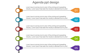 Agenda layout featuring five colored arrows with corresponding numbered circles and placeholder text.