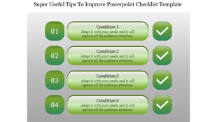 Green gradient checklist template with four numbered conditions, text placeholders, and checkmark icons.