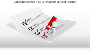 Checklist template featuring a 3D figure marking four checkboxes on a tilted sheet with a red marker.