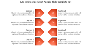 Agenda slide with eight numbered orange arrow shapes arranged in two vertical columns, paired with captions on either side.