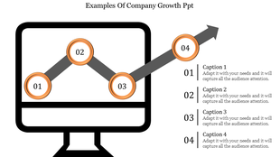 Company growth slide with a monitor icon showing a line graph with four orange numbered circles, and captions on the right.