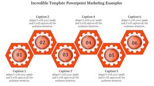 Six orange hexagons with white gear like patterns inside, arranged in a zigzag flow layout with numbered centers.