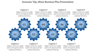 Business plan PowerPoint template with eight gears numbered from 01 to 08, each accompanied by a caption.