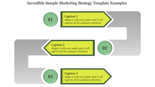 Marketing strategy template with three steps, each represented by numbered circles and descriptive captions.