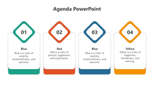 Agenda slide featuring four colored diamond shaped sections, each describing a color and its significance with text area.