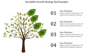 A tree illustration with prominent numbered leaves from 01 to 04, paired with corresponding text sections on the right.