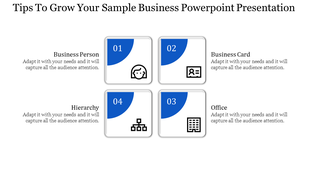 Business slide showing four sections with numbers and icons, and hierarchy chart, alongside captions.