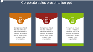 Slide featuring three colored panels in orange, red, and green, each with icons and text, on a gray background.